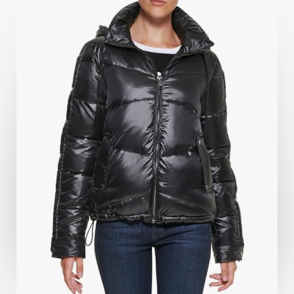 Karl Lagerfeld Paris Women's Logo Snap Sleeve Detail Puffer
